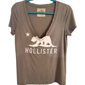 Hollister Olive V-Neck Short Sleeve Tee with White Bear Logo
